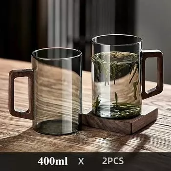 2 шт. 400 мл стеклянные чашки с ручкой из орехового дерева бытовая термостойкая кружка большая емкость чашка для заваривания чая офисные стаканы 400ML