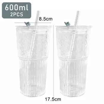 2 шт., 600 мл, стеклянная чашка в полоску с крышкой и соломинкой, прозрачные стаканы для питья для сока, воды и чашки для кофе со льдом, посуда для напитков, кружка 600ml