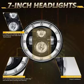 2 шт. 7-дюймовые светодиодные фары, водонепроницаемые круглые фары с дальним и ближним светом, DRL, поворотник для автомобилей 1 Piece чёрный