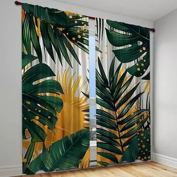 2 шт. абстрактные зеленые тропические листья полузатемняющие шторы для гостиной спальни современный минималистский ботанический принт середины века (W50cmxH130cm)x2&Rod Pocket
