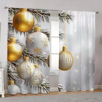 2 шт. элегантных белых и золотых рождественских штор со снеговиками и деревьями - дизайн кармана на штанге из полиэстера для декора гостиной 100W130H(CM)40x51in&rod pocket