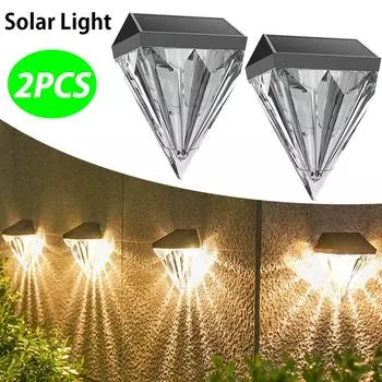 2 шт. алмазные солнечные светильники водонепроницаемый солнечный забор настенный светильник супер яркий светодиодный светильник для лестницы балкона сада двора дорожки Warm light-1pcs