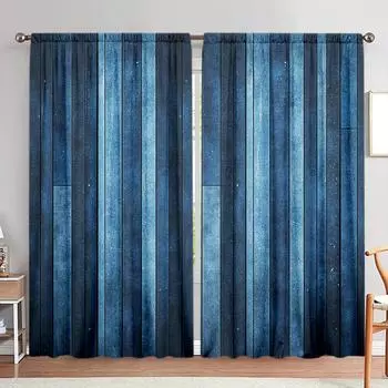 2 шт. американских ретро-стиле синяя древесная текстура с принтом штор для домашнего декора - карман для окон с карнизом для спальни, офиса 52.5cmX116cm X 2pcs