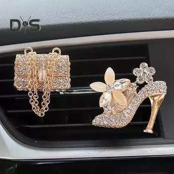 2 шт., автомобильная ароматерапия, зажим для вентиляционного отверстия, роскошная сумка со стразами на высоком каблуке, автомобильный освежитель воздуха, украшение на выходе для воздуха, зажим, аксессуары для салона автомобиля золотистый