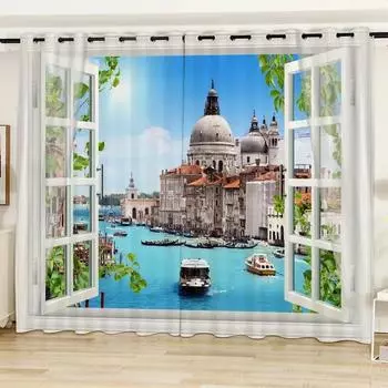 2 шт. балконная штора в ландшафтном стиле с принтом для домашнего декора, карманная штора для спальни, офиса, кухни, гостиной 140W160H(CM)55x63in&Grommet Top