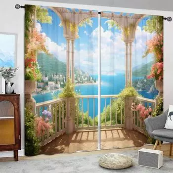 2 шт. балконная штора в ландшафтном стиле с принтом для домашнего декора - оконная отделка с карманом для спальни, офиса, кухни, гостиной 52.5cmX116cmX2pcs
