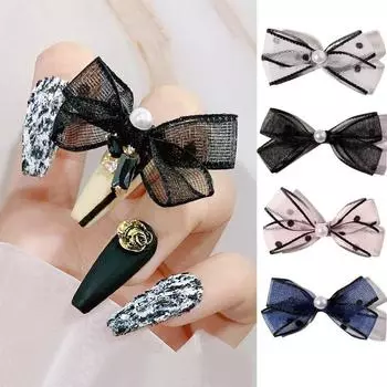 2 шт., бант из органзы, украшения для ногтей, ретро жемчужная кружевная лента, очаровательные аксессуары для маникюра