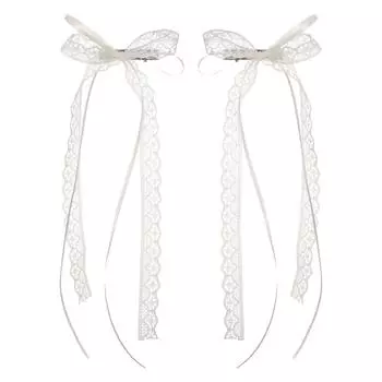2 шт. Белые милые кружевные заколки для волос с длинным бантом для женщин и девочек, ленточные заколки-кисточки с бантом, заколки для косичек, трендовые полые головные уборы