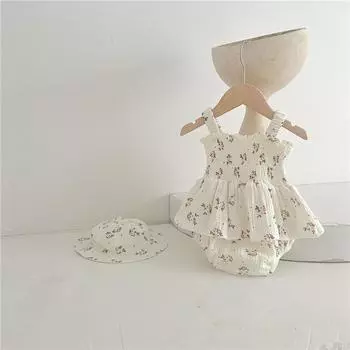 2 шт., белый комбинезон с цветочным принтом для маленьких девочек и шляпа, боди без рукавов для младенцев, летняя одежда для малышей 66