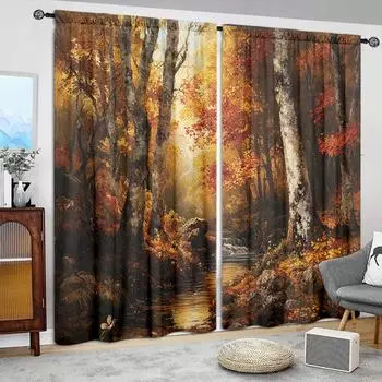 2 шт. Березовый лес, масляная живопись, напечатанная штора для домашнего декора - оконная отделка с карманом для спальни, офиса, кухни 52.5cmX116cm X 2pcs