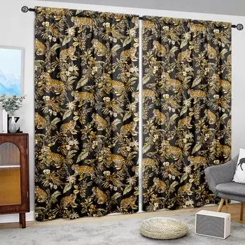 2 шт. Бесшовная картина с изображением тигров и цветов, напечатанная на шторах для домашнего декора - Карманная оконная отделка для спальни, офиса 52.5cmX116cm X 2pcs