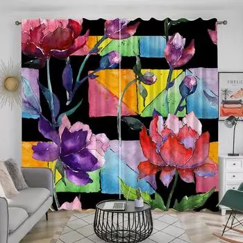 2 шт. бесшовные бордюры с красочными цветочными узорами акварельные падающие листья принты шторы для гостиной спальни для домашнего декора 2x50W100H(CM)&Grommet Top