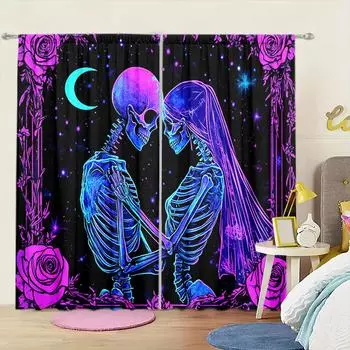 2 шт. блестящие шторы с принтом черепа розы для домашнего декора на Хэллоуин - карманные шторы для окон в спальню, офис, кухню 52.5cmX116cm X 2pcs