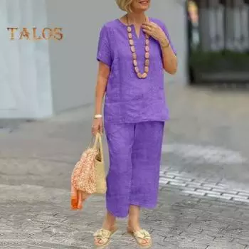 2 шт., блузка с короткими рукавами, комплект брюк для женщин, свободный топ, широкие брюки, комплекты, однотонный спортивный костюм, летняя повседневная подходящая одежда для домашнего офиса, вечеринки M темно-синий