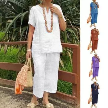 2 шт., блузка с короткими рукавами, комплект брюк для женщин, свободный топ, широкие брюки, комплекты, однотонный спортивный костюм, летняя повседневная одинаковая одежда 2XL белый