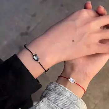 2 шт., браслет из натурального лунного камня, пара друзей, милый кот, подвески из обсидиана, черный, красный, веревочные браслеты ручной работы, вечерние ювелирные изделия, подарки