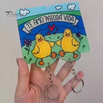 2 шт., брелок с утенком из мультфильма, желтая утка, брелок для ключей, акриловые украшения, клейкая подложка, набор ключей для пары, подвесной комплект с несколькими ключами set