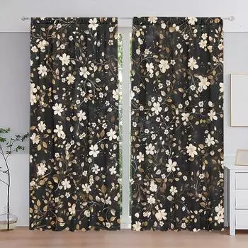 2 шт. Черная занавеска с мелкими цветочными фрагментами для домашнего декора - Карманная штора на карнизе для спальни, офиса, кухни 52.5cmX116cm X 2pcs
