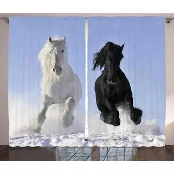2 шт. черно-белые лошади, участвующие в гонках, с принтом, занавески для гостиной, кухни, детской спальни, декор, подвесная занавеска W60H60(CM)x2PCS&HOOK
