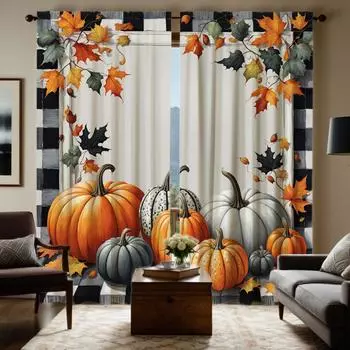 2 шт. цифровая занавеска HD с принтом Желтый галстук Праздник урожая тыква Кленовая лоза Домашний декор в стиле Украсьте гостиную спальню W52H63inchW132H160cm