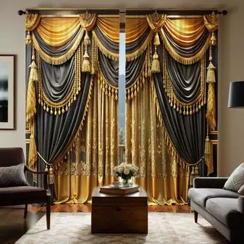 2 шт. цифровой печати HD занавесок имитация ламбрекена желтый европейский узор подвеска украшение для дома стиль украшения livi W52H63inchW132H160cm