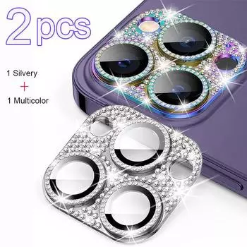 2 шт. (Цветной + Серебристый) Для iPhone 15 Pro Max 14 Plus 13 12 Mini 11 Защитная крышка для объектива камеры с бриллиантами Защитная крышка с бриллиантами на заднюю панель iPhone 15 Plus разноцветный