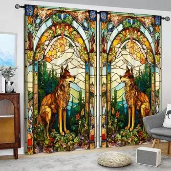 2 шт. цветной стеклянный занавес с принтом волка для домашнего декора - оконный декор с карманом для спальни, офиса, кухни, гостиной 52.5cmX116cm X 2pcs