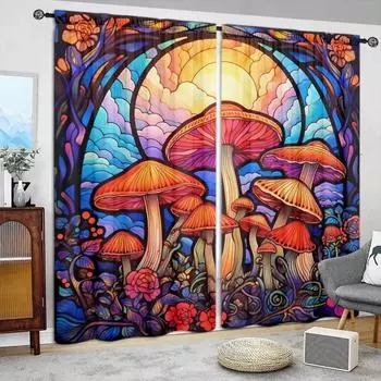 2 шт. цветной стеклянный занавес с принтом в виде гриба для домашнего декора - оконная отделка с карманом для спальни, офиса, кухни, гостиной 52.5cmX116cmX2pcs