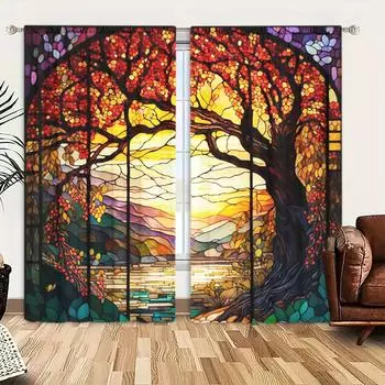 2 шт. цветных стеклянных занавесок с принтом для домашнего декора - оконная отделка с карманом для спальни, офиса, кухни 52.5cmX116cm X 2pcs