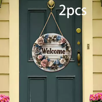 2 шт. цветочные приветственные знаки 2D вешалка для входной двери круглая деревянная табличка для спальни фермерского дома Gray Wood Color