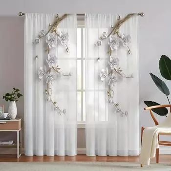 2 шт. Цветочный принт пряжи занавески, карниз для оконного оформления для спальни офиса кухни гостиной кабинета домашнего декора W65X60H(cm)X2Pcs&Hook