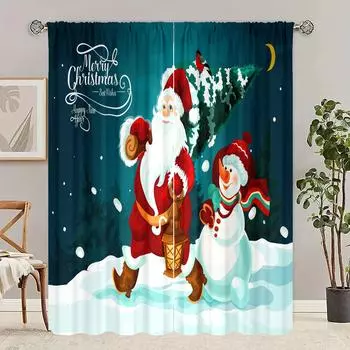 2 шт. - Декоративные шторы с принтом Санта-Клауса и Снеговика - Материал полиэстер - подходит для спальни, гостиной, кабинета 30inchx65inchx2Pcs