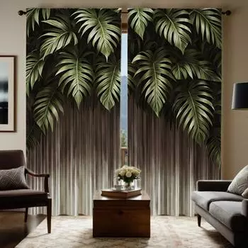 2 шт. декоративных штор с тропическим зеленым широколиственным узором высокой четкости Зеленые шторы с цифровой печатью для украшения дома, стиль украшения гостиной W52H63inchW132H160cm