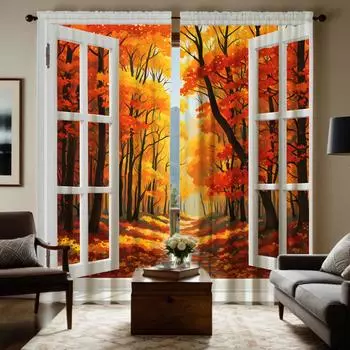 2 шт. декоративных занавесок HD для окон с изображением осеннего кленового листа, желтых галстуков, цифровая печать, стиль домашнего декора, декорирование лив W52H63inchW132H160cm