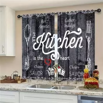 2 шт. деревенская фермерская маленькая амбарная вилка и ложка деревянная доска ретро принт кухонная занавеска кафе занавеска абажур ткань W60xH100(CM)x2pcs&Hook