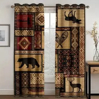 2 шт., Деревенский домик, медведь, олень, волк, животное, цифровая печать, занавески, люверсы, верхние шторы, гостиная, офис, украшение для дома 2x50W130H(CM)40x51in&Hook