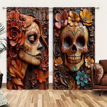 2 шт. Деревянные резные занавески с изображением скелета и любви для домашнего декора на Хэллоуин - оконные карманы для спальни, офиса 52.5cmX116cm X 2pcs