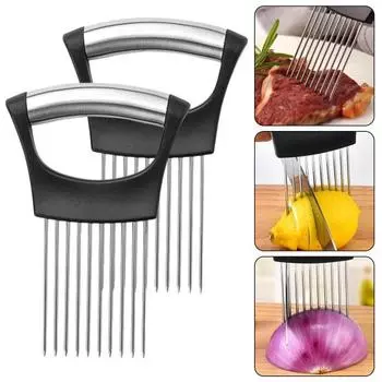 2 шт., держатель для лука из нержавеющей стали, с 10 ножами, овощерезка, ломтерезка для лимона, кухонный измельчитель, инструмент для лука, картофеля, помидоров, нескользящая ручка 2pcs