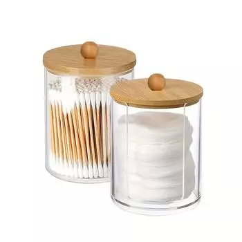2 шт. держатель для ватных дисков, баночки для ванной комнаты, органайзеры для хранения ватных дисков с бамбуковой крышкой, прочный, пыленепроницаемый