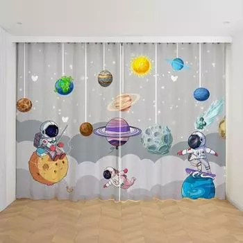 2 шт. дешевые мультяшные космические астронавты забавные шторы, мальчики дети ракета планета тонкие затеняющие шторы для спальни гостиной на заказ W65X60H(cm)X2Pcs&Hook