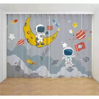 2 шт. дешевые мультяшные космические астронавты забавные шторы, мальчики дети ракета планета тонкие затеняющие шторы для спальни гостиной на заказ W60xH100(CM)x2pcs&Hook