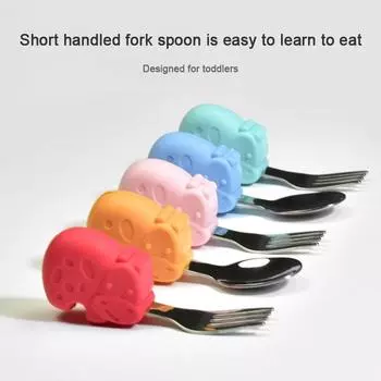 2 шт., детская ложка с рисунком слона, детская ложка с короткой ручкой, ложка из нержавеющей стали, вилка, набор посуды, посуда для малышей