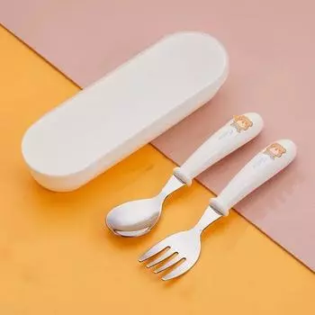 2 шт. Детская ложка-вилка из нержавеющей стали, коробка для столовых приборов для детей, портативная мультяшная креативная посуда для кормления ребенка, набор кухонной посуды белый