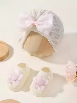 2 шт. Детская шапка с бантом и носки, комплект для малышей, мальчиков и девочек, кружевной принт, бантик, эластичная шапка-тюрбан, однотонные мягкие носки, детские аксессуары