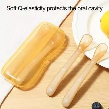 2 шт. детская силиконовая ложка с мягким кончиком, пищевой класс, не содержит бисфенола А, можно мыть в посудомоечной машине, первый этап обучения младенцев, набор ложек для самостоятельного кормления коричневый