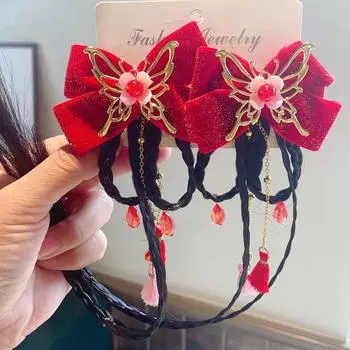 2 шт. Детская заколка для волос с кисточками в китайском стиле, заколка для волос с париком, милая красная заколка с бантом 5
