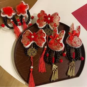 2 шт. Детская заколка для волос с кисточками, красная заколка-бантик, заколка для волос с париком, новогодняя заколка сбоку 13