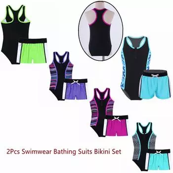 2 шт. детские бразильские купальные костюмы для девочек цельный комбинезон без рукавов с открытой спиной и шорты для мальчика комплект пляжные купальники купальные костюмы 3-4 Years мятный зеленый