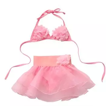 2 шт. Детские летние купальники, однотонный топ с цветочным принтом и подвесным воротником + юбка-пачка 1-2 Years розовый