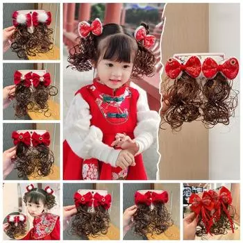 2 шт. Детский бант-парик в стиле Тан, заколка для волос в китайском стиле с красным бантом, праздничный новогодний 8